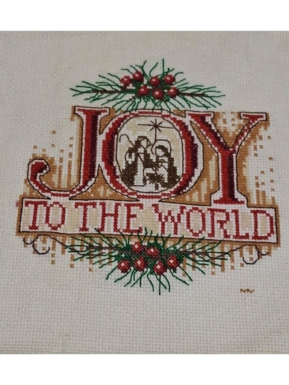 Vtg "JOY TO THE WORLD" Completed Cross Stitch-Holy Family- 6"x6"